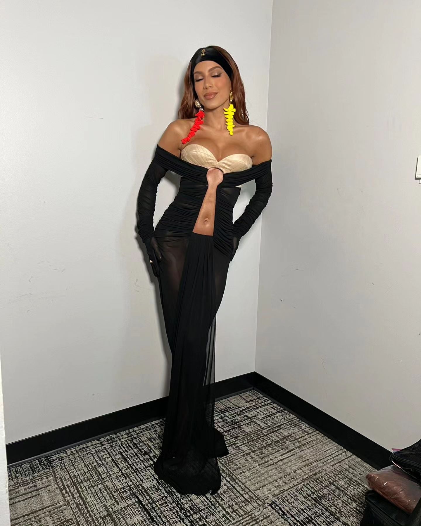 Long Sleeve Bustier Ruched Mesh Maxi Dress Black HV1117