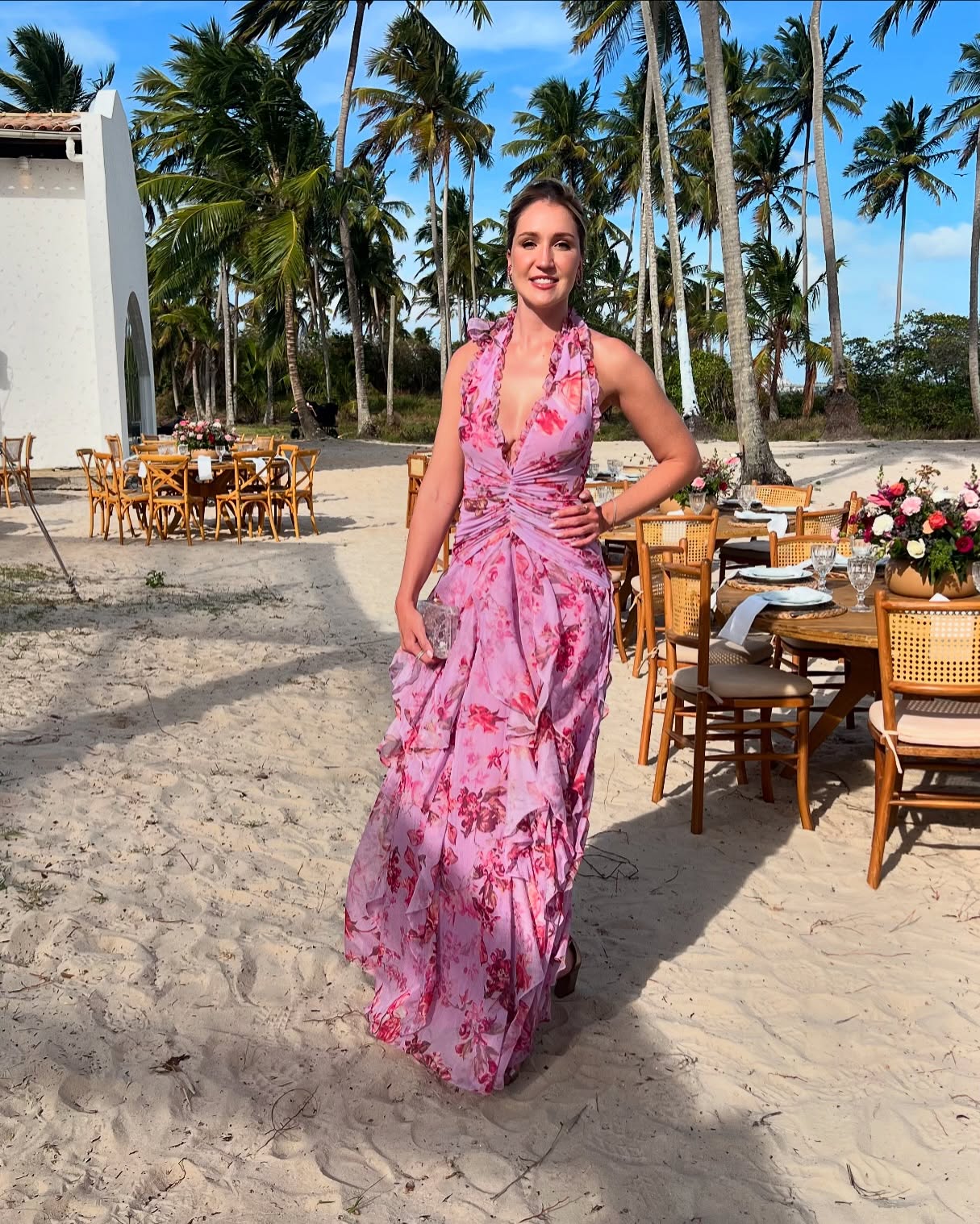 Halter Floral Ruffle Maxi Dress Pink HV2137