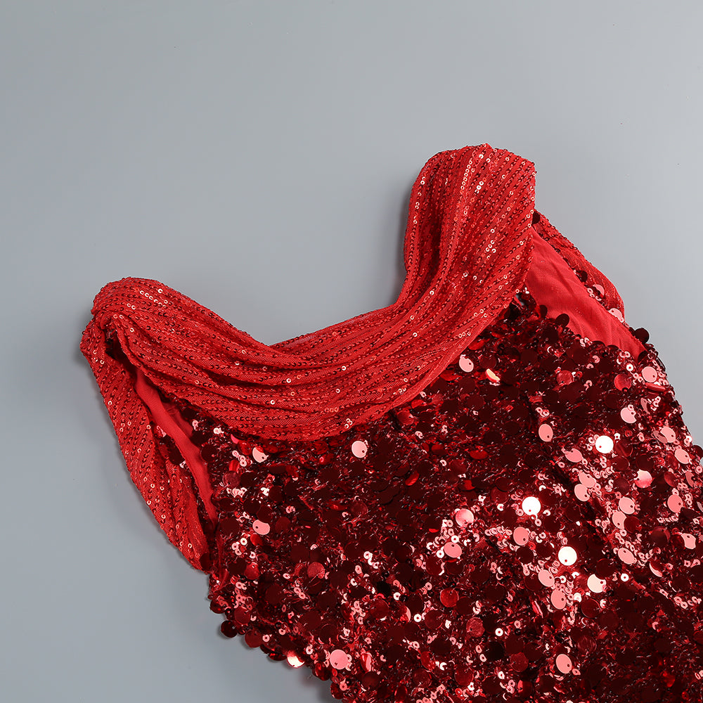 Draped Sequin Maxi Dress Red Silver HV1924