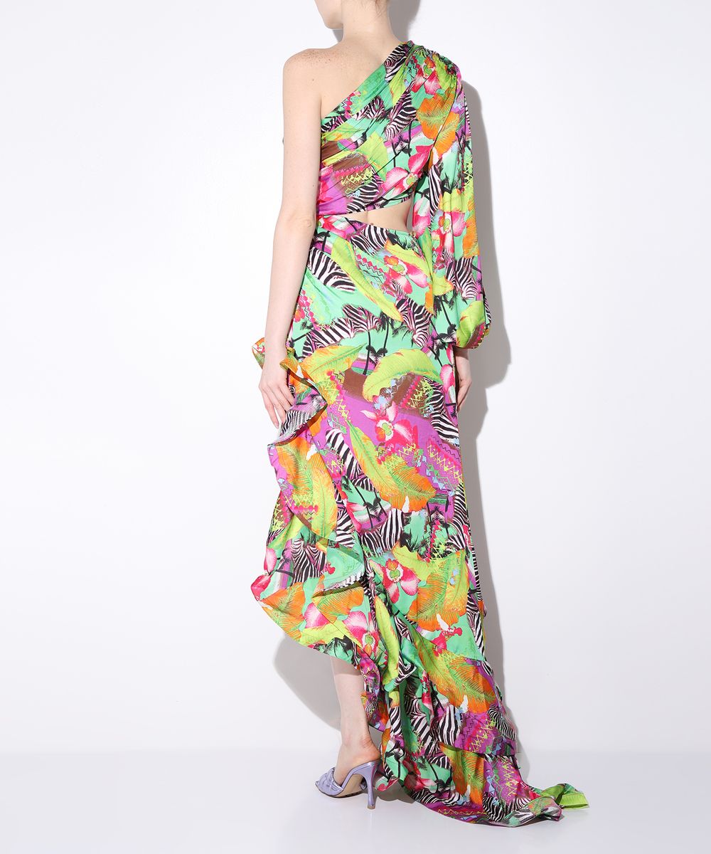 One Sleeve Floral Ruffle Maxi Dress Hot Pink Lime HV1389