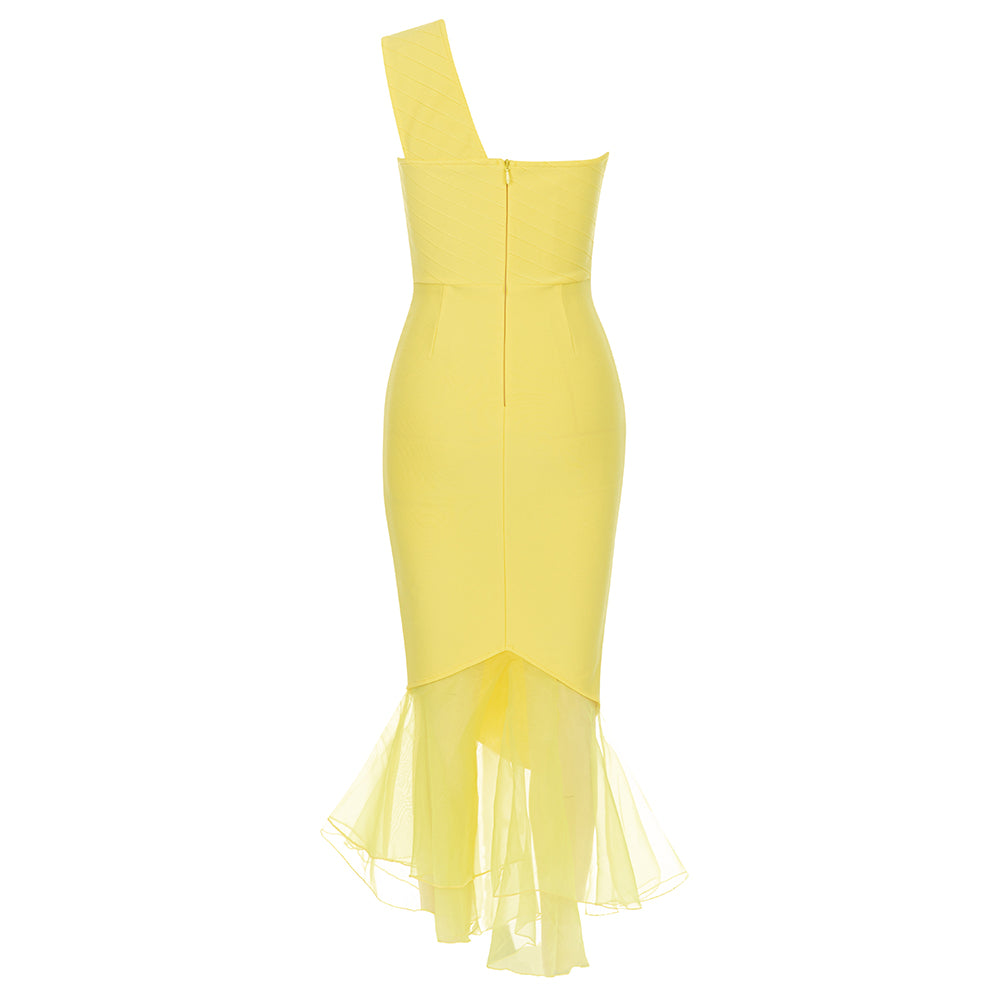 One Shoulder Mesh Ruffle Maxi Dress Yellow HV9611