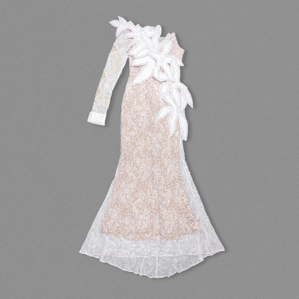 One Sleeve Pearl Sequin Floral Lace Maxi Dress White HV1629