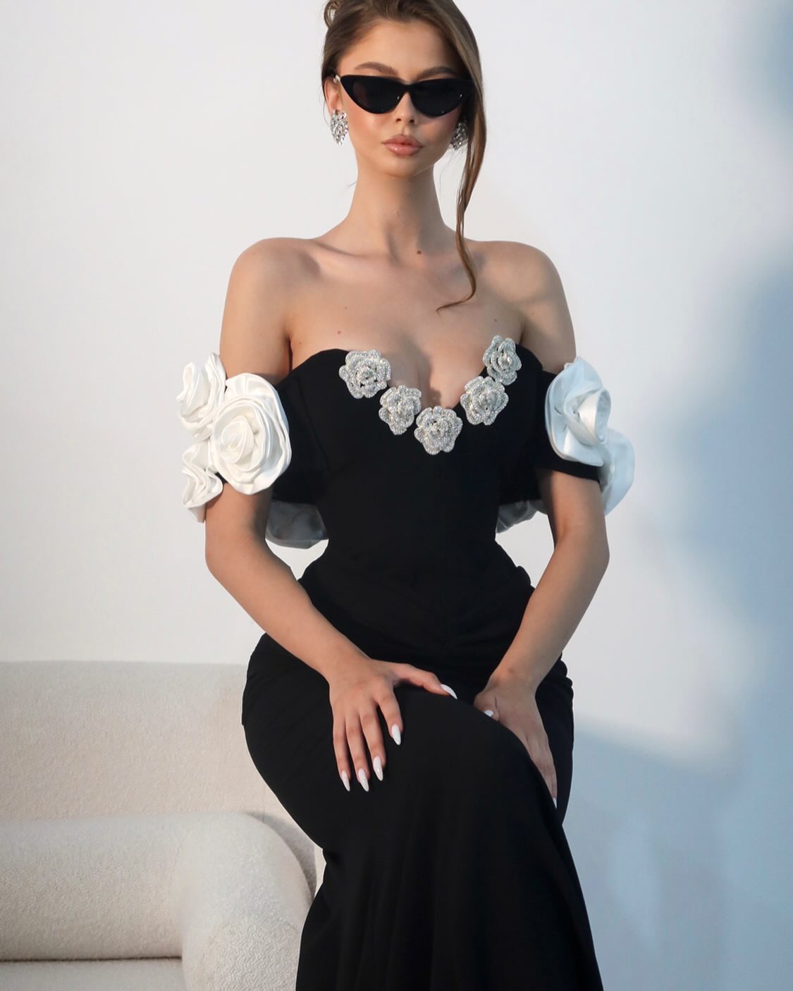 Floral Bardot Maxi Dress Black White HV1469