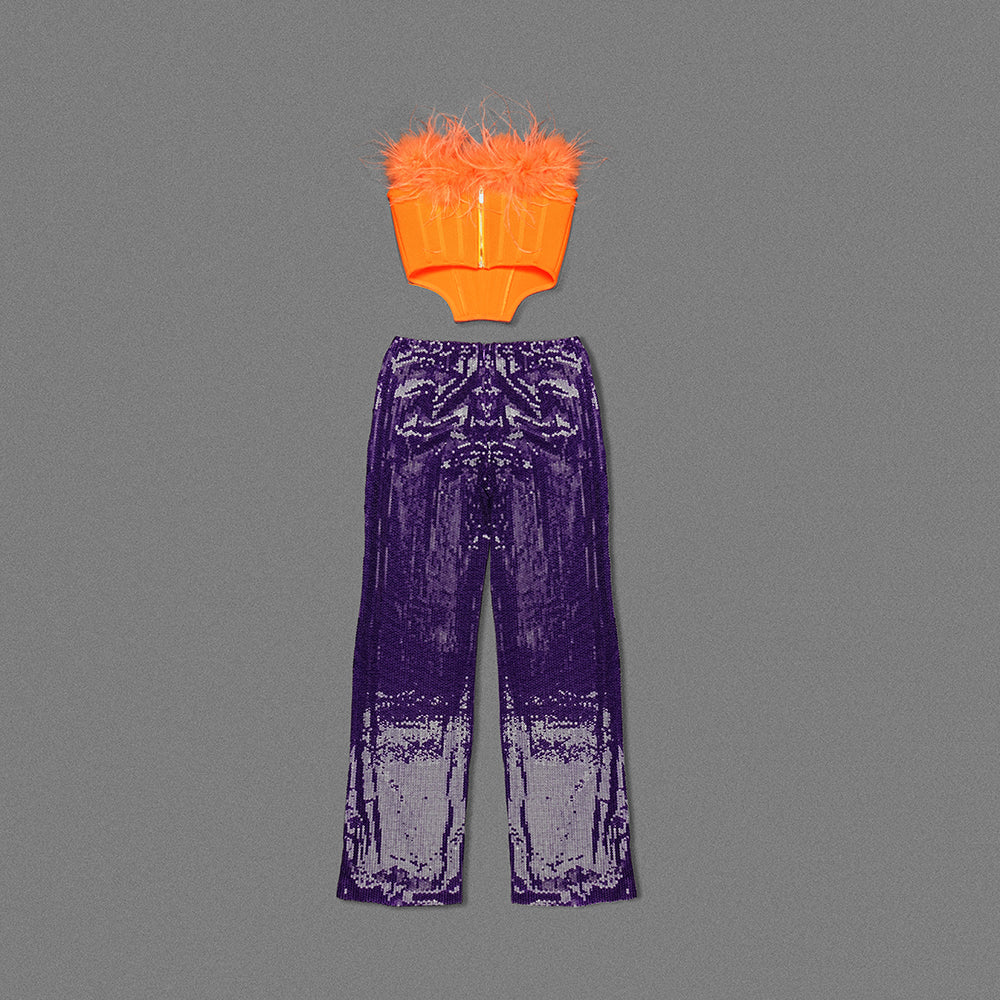 Strapless Feather Two Piece Jumpsuit Orange Purple HV9937