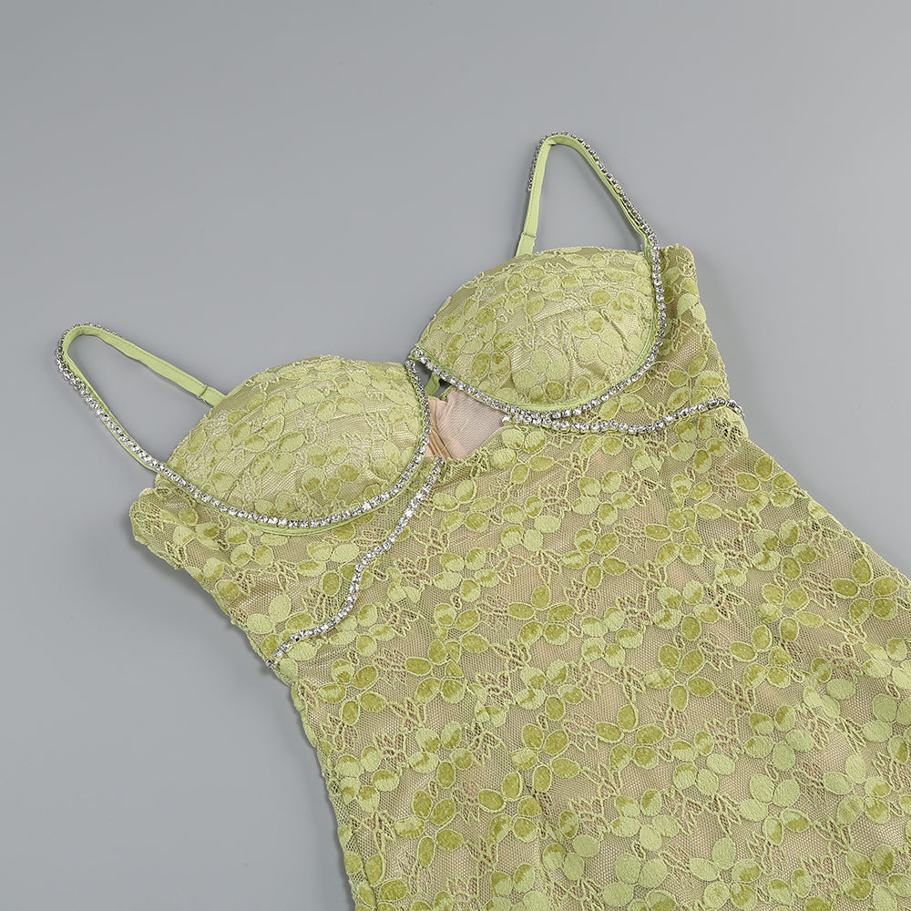 Crystal Bustier Lace Midi Dress Green HV1342