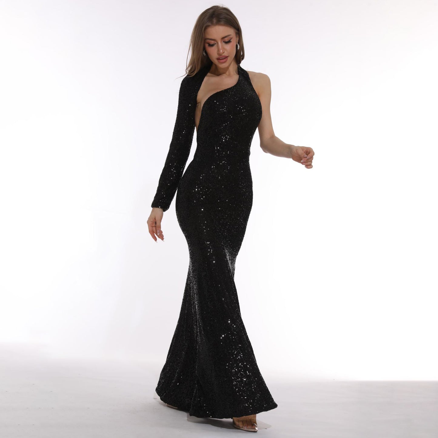One Sleeve Sequin Mermaid Maxi Dress Black HV9996