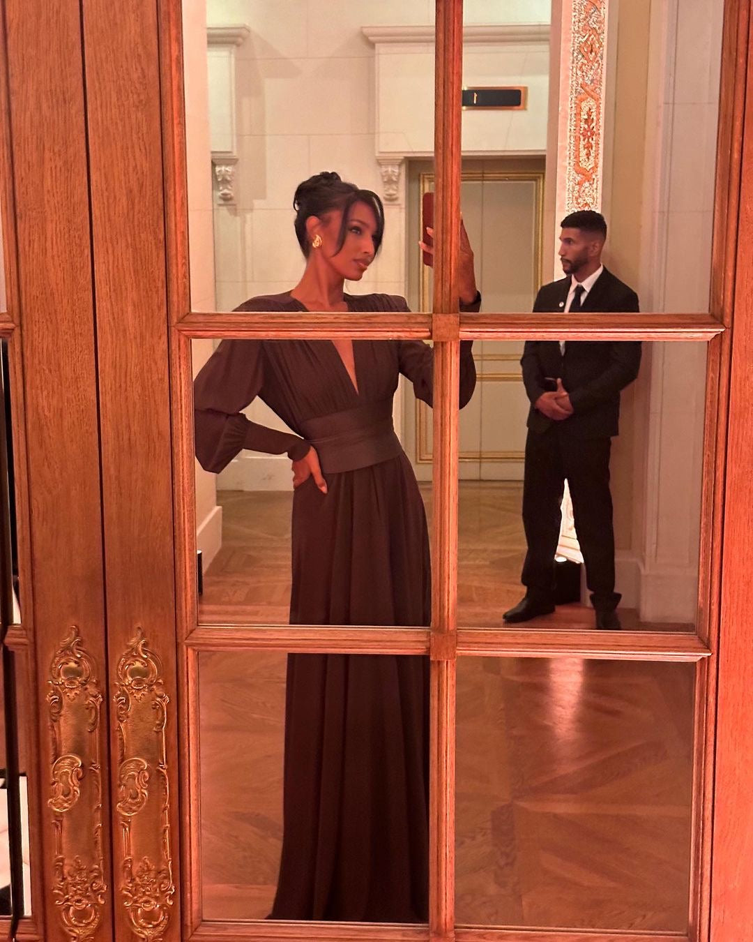 Long Sleeve Plunge V Neck Maxi Dress Brown HV1080