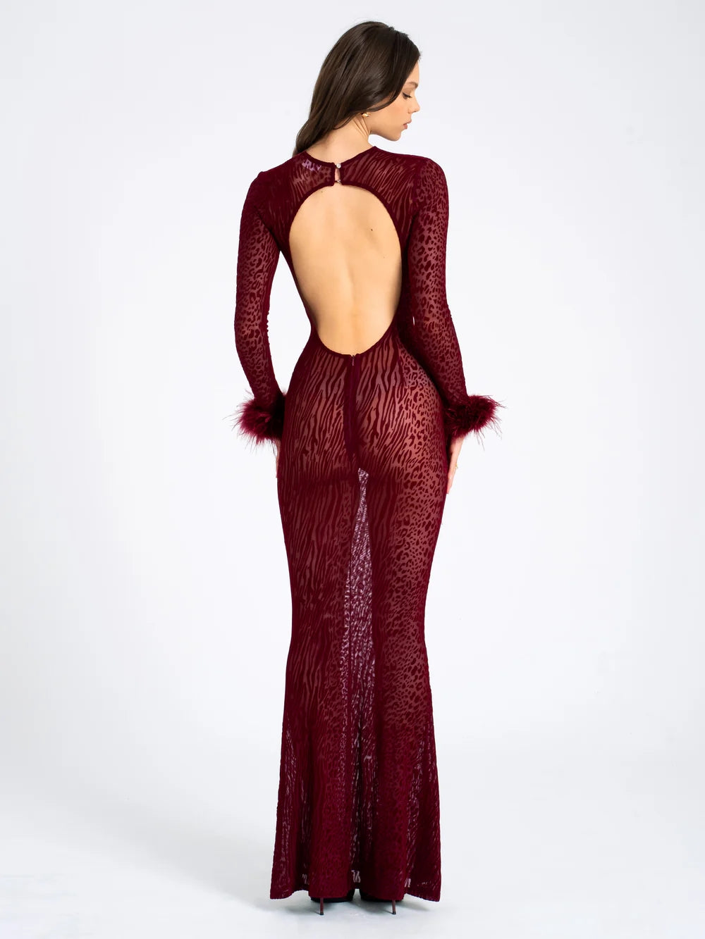 Long Sleeve Backless Maxi Dress Burgundy HV1902