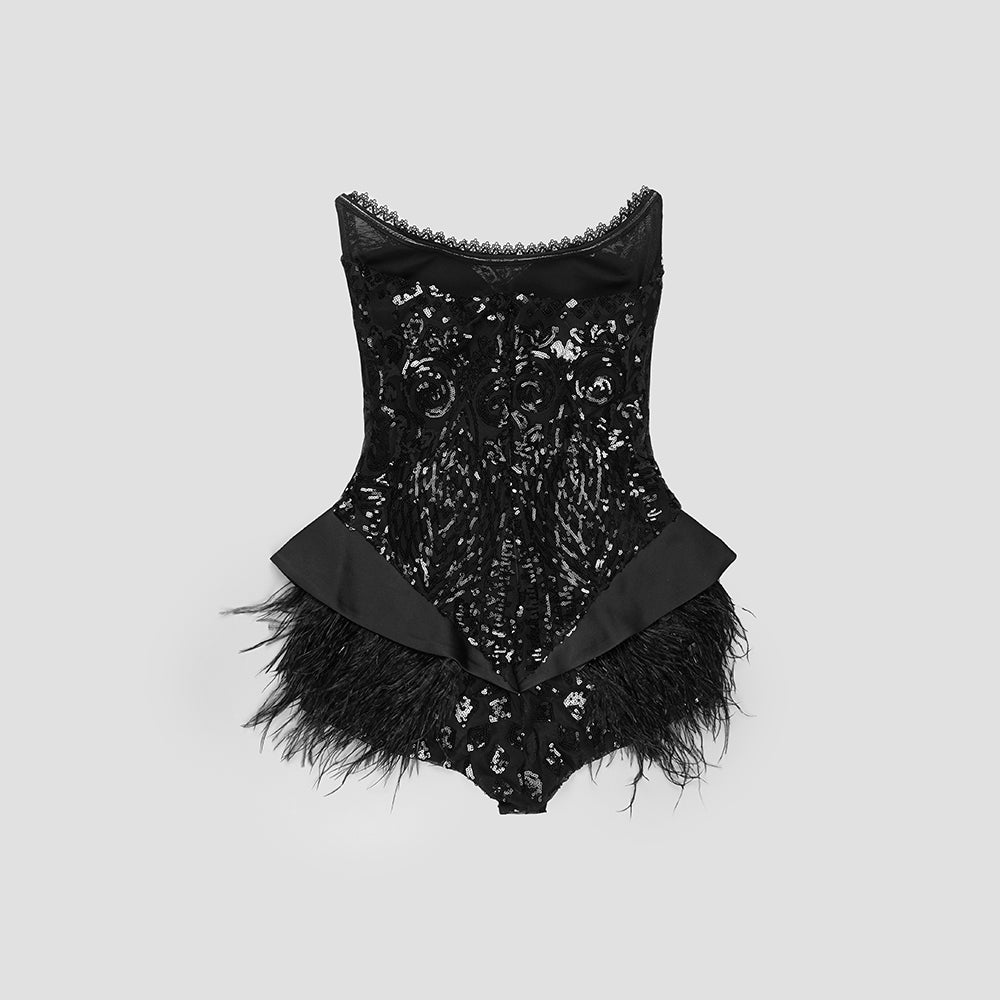 Strapless Sequin Feather Bodysuit Black HV9719