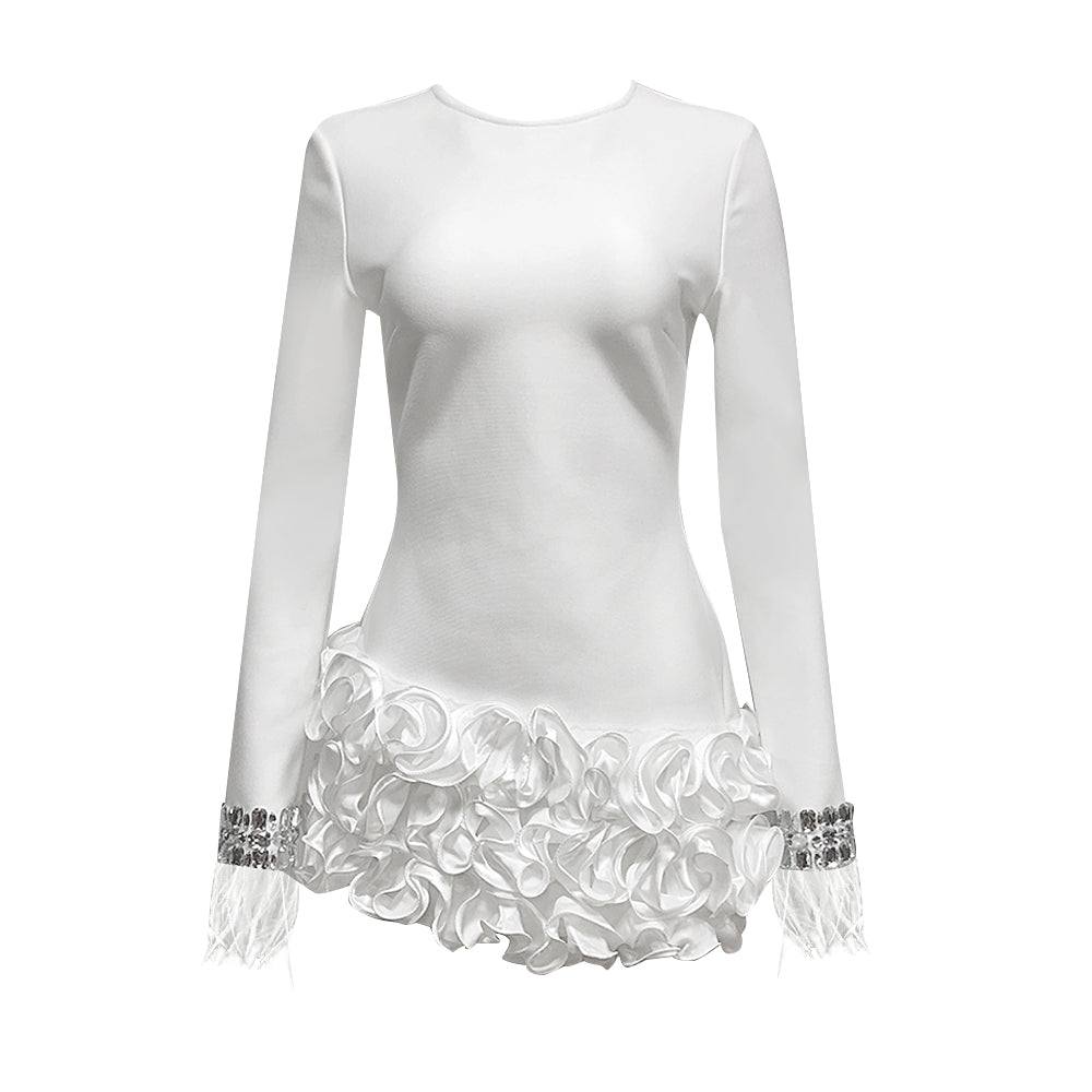 Crystal Feather Long Sleeve Ruffle Dress