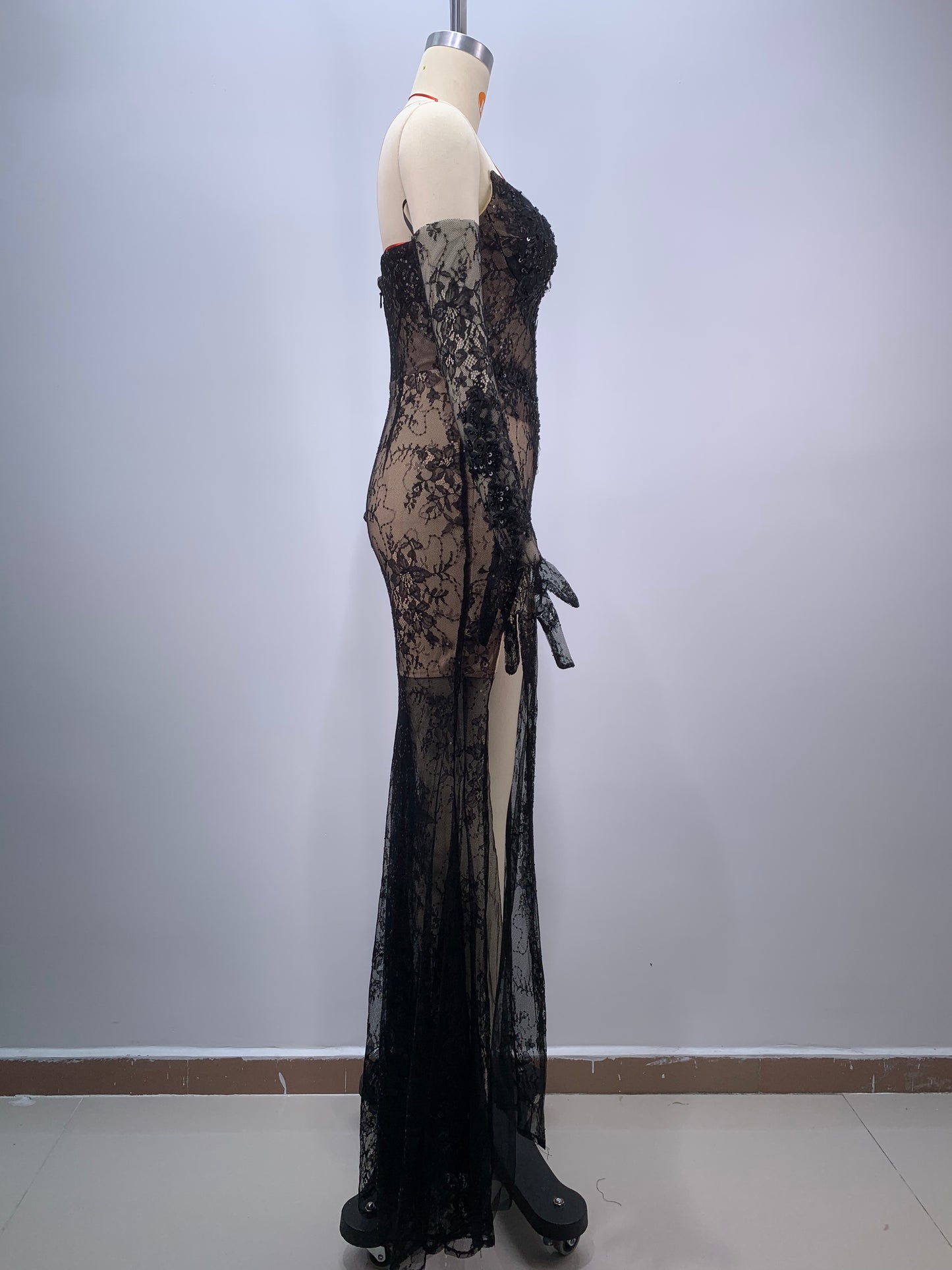 Strapless Sequin Lace Maxi Dress Black HV1630