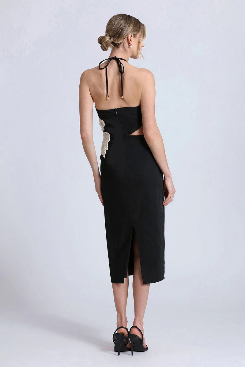 Halter Pearl Flower Midi Dress Black White HV1492