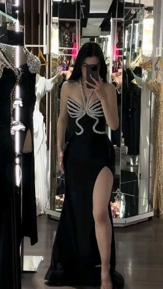 Halter Embellished Trim Maxi Velvet Dress Black HV1603