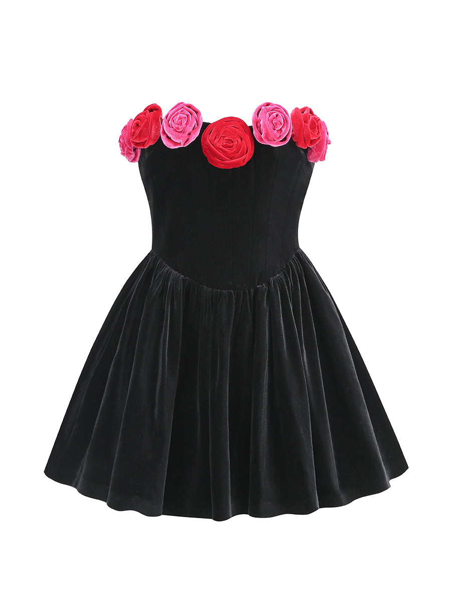Flower Detail Strapless A Line Velvet Dress Black HV1173