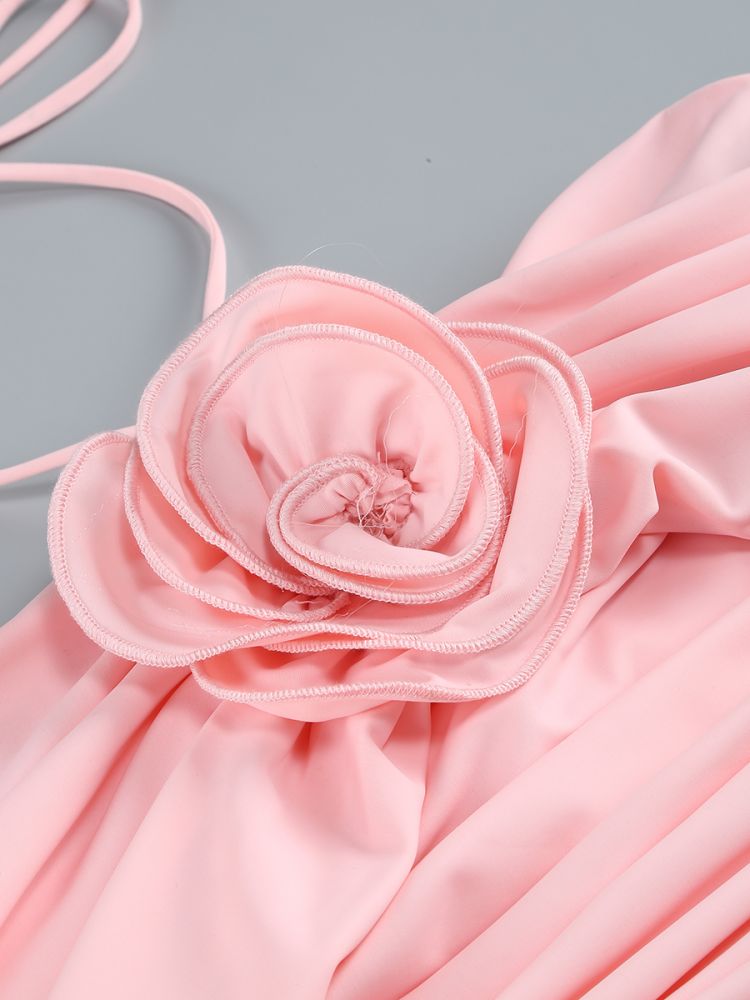 Halter Floral Detail Draped Dress Pink HV1589