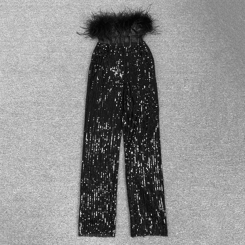 Strapless Feather Sequin Jumpsuit Black HV1549