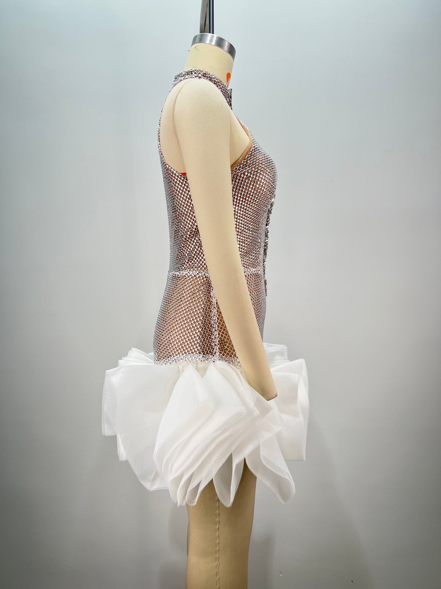 Halter Crystal Ruffle Dress White HV1827
