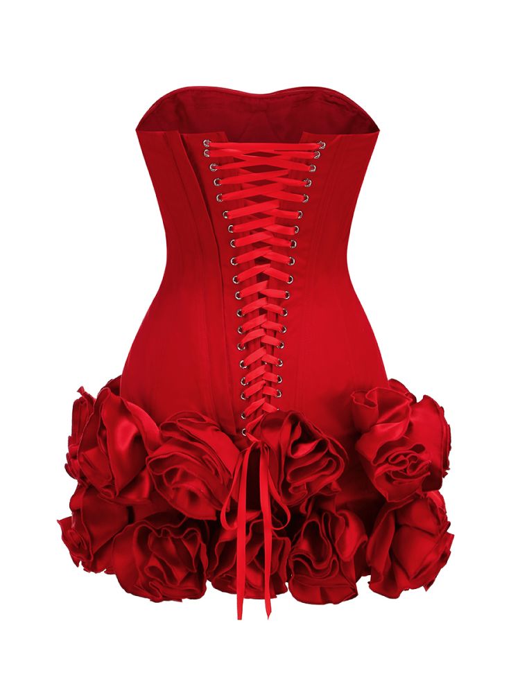 Strapless Corset Floral Ruffle Dress Red HV1645