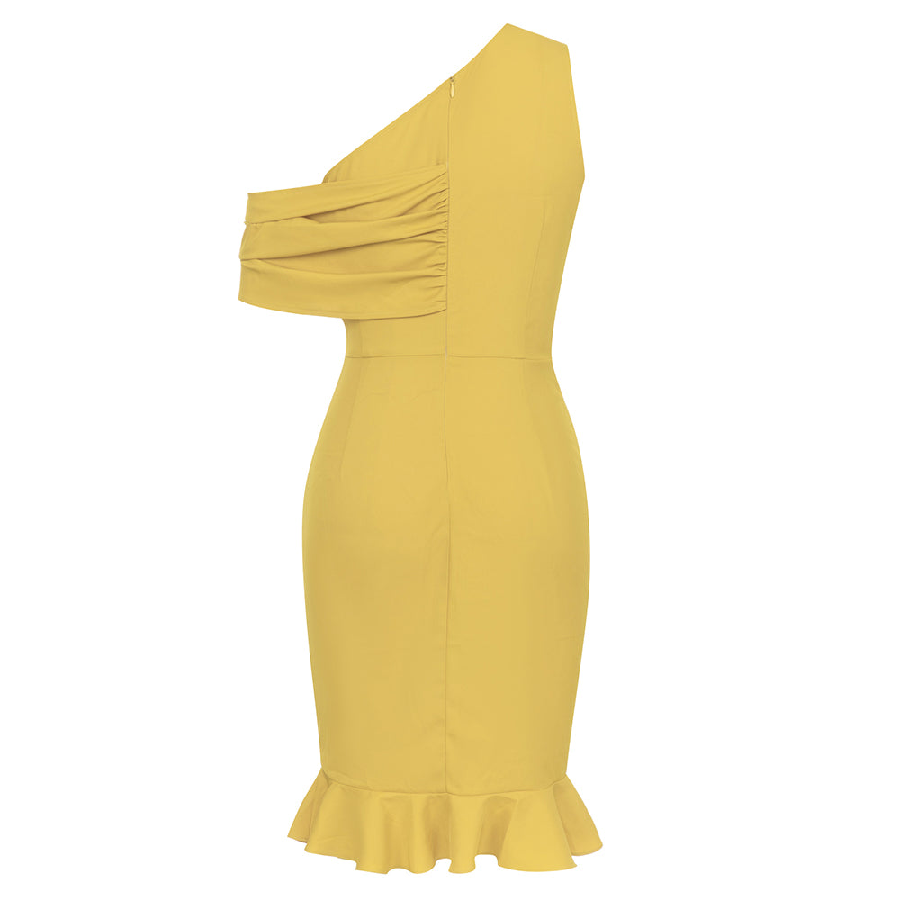 One Shoulder Draped Ruffle Dress Mustard HV9690