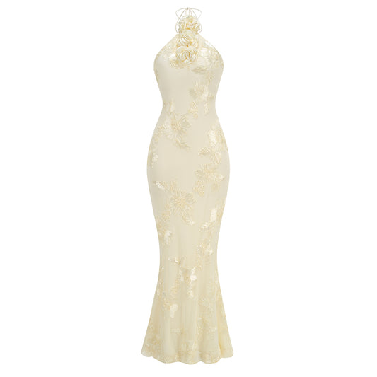 Halter Floral Maxi Dress Ivory HV1527