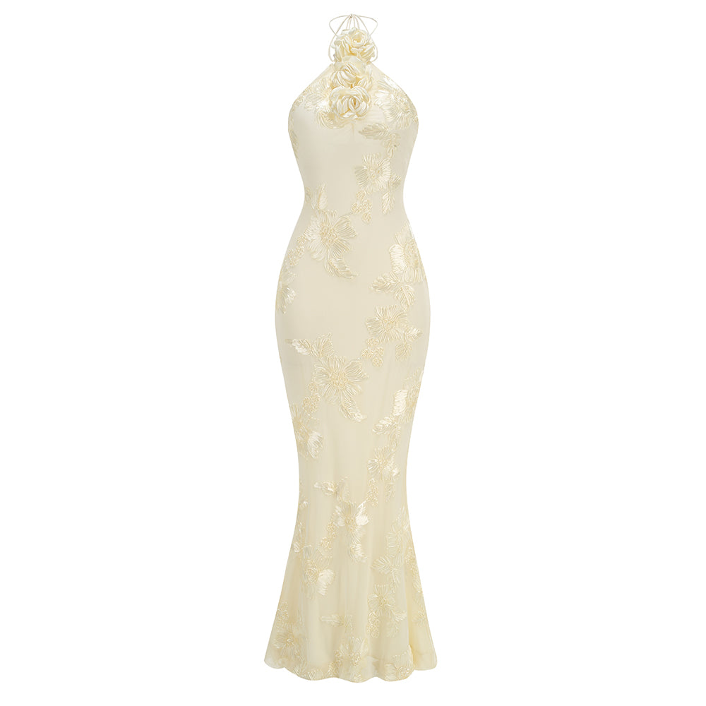 Halter Floral Maxi Dress Ivory HV1527