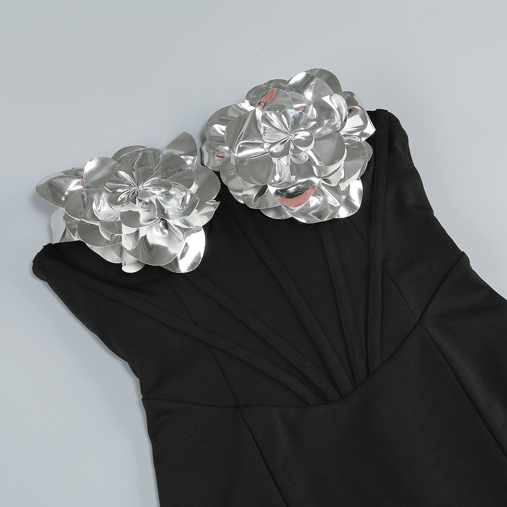 Strapless Floral Bustier Maxi Dress Black Silver HV2037