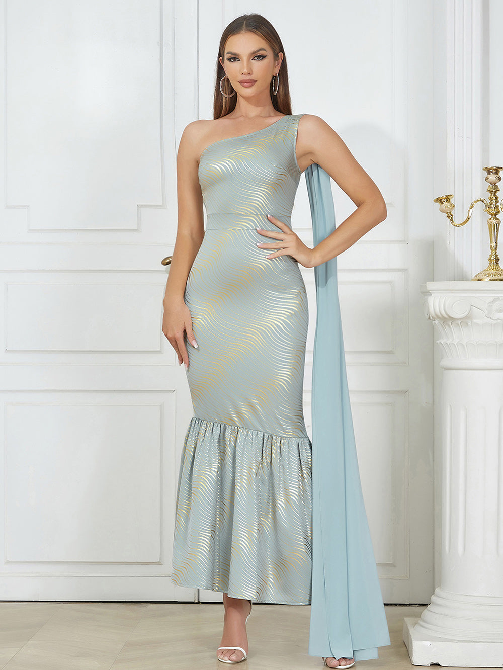 One Shoulder Ruffle Detail Maxi Dress HV9836