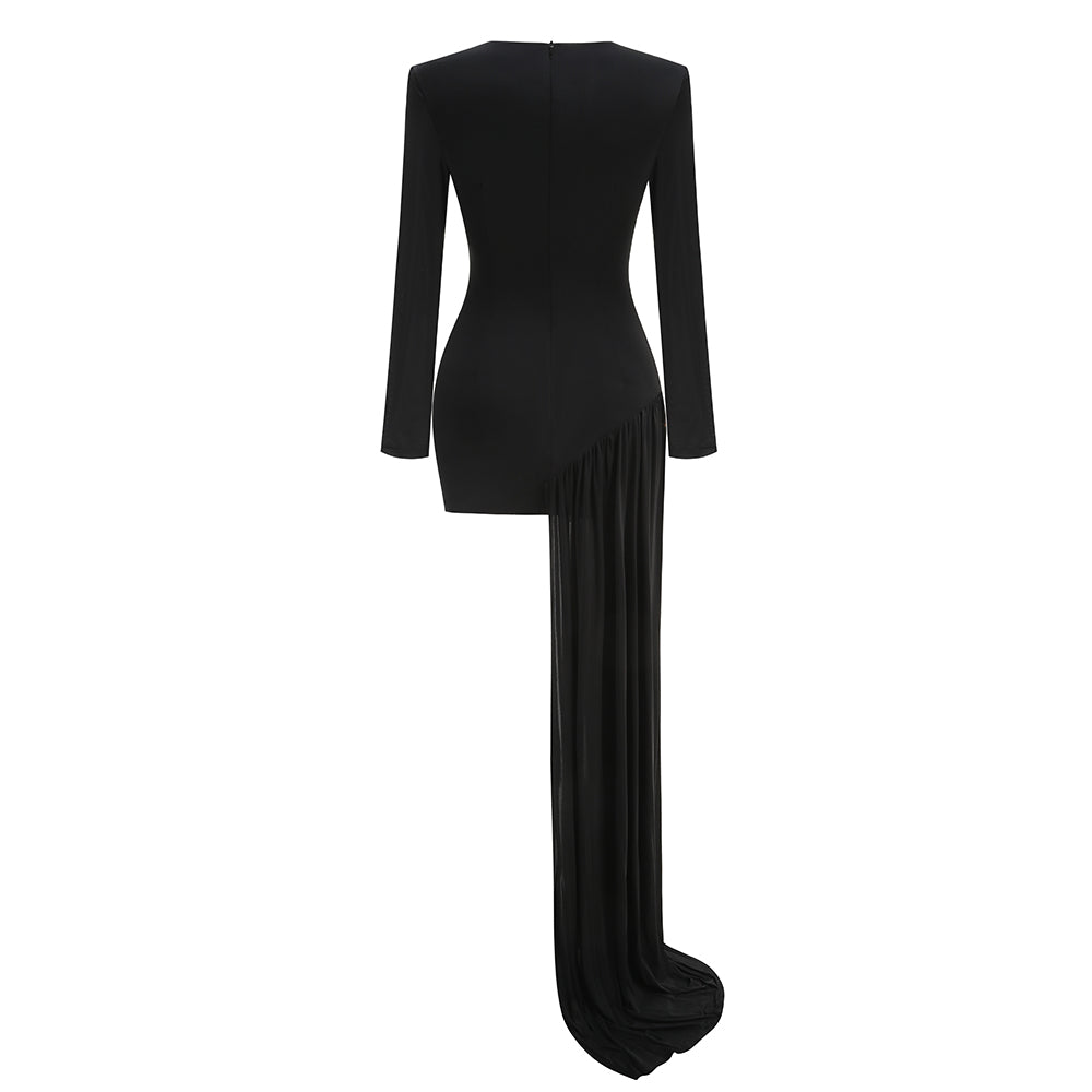 Long Sleeve Crystal Detail Draped Dress Black HV2036