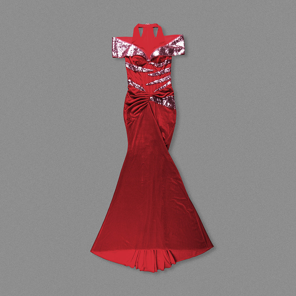 Halter Sequin Corset Maxi Velvet Dress Red HV2020