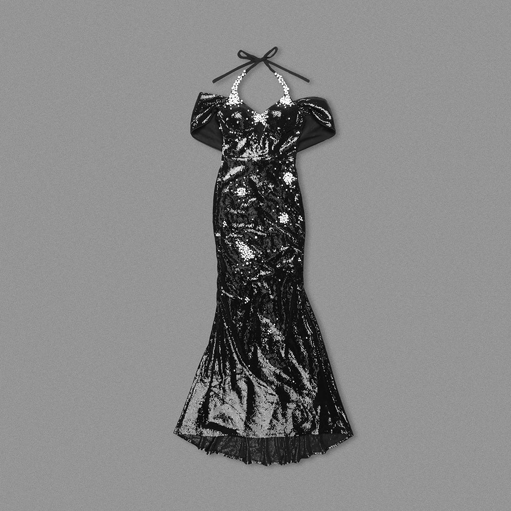 Halter Bardot Pearl Sequin Maxi Dress Black HV2082