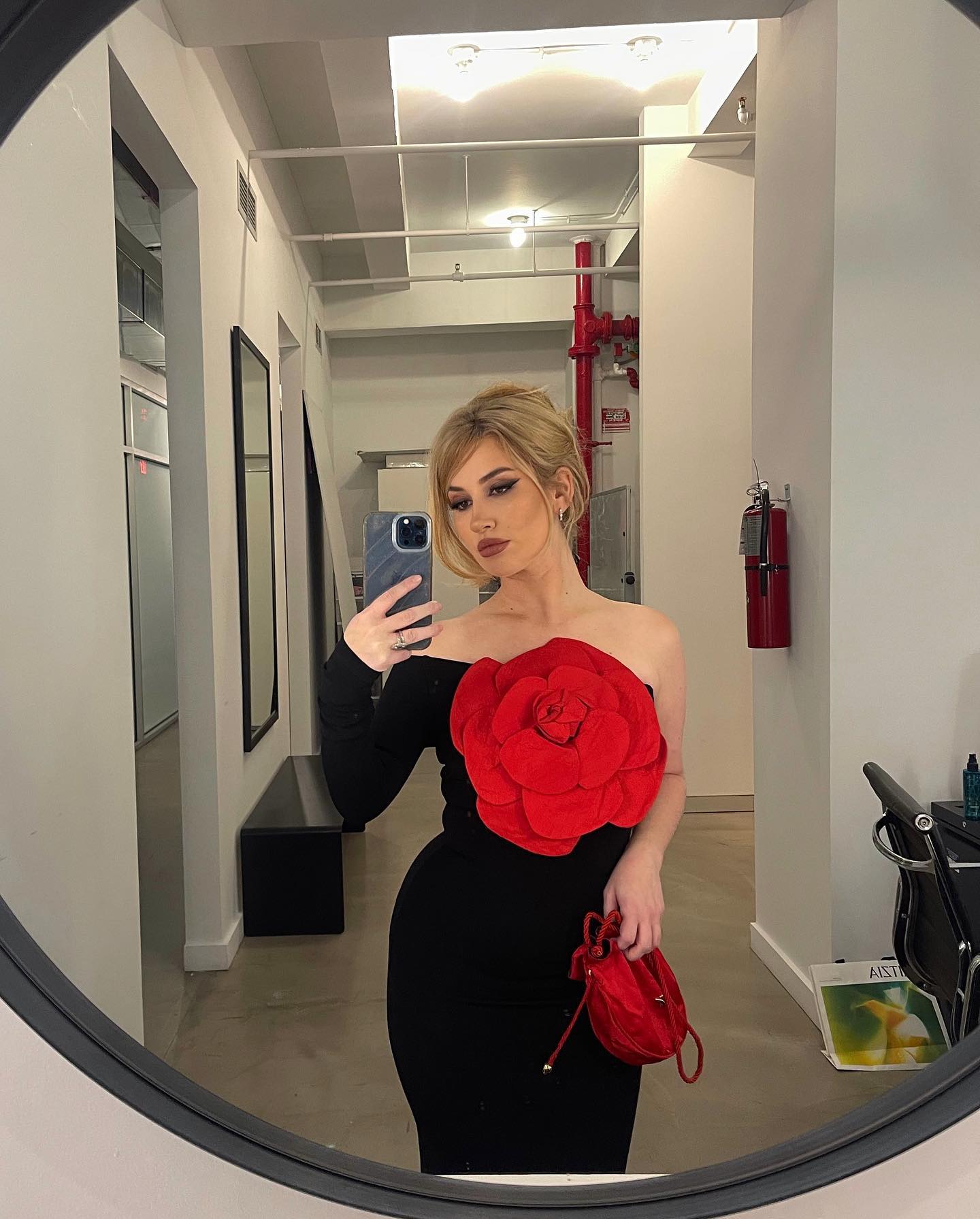 Long Sleeve Rose Detail Maxi Dress Black Red HV1031