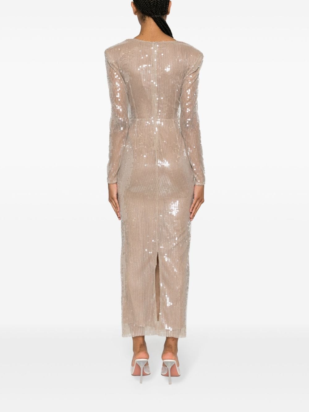 Long Sleeve Flower Sequin Midi Dress Nude HV1086