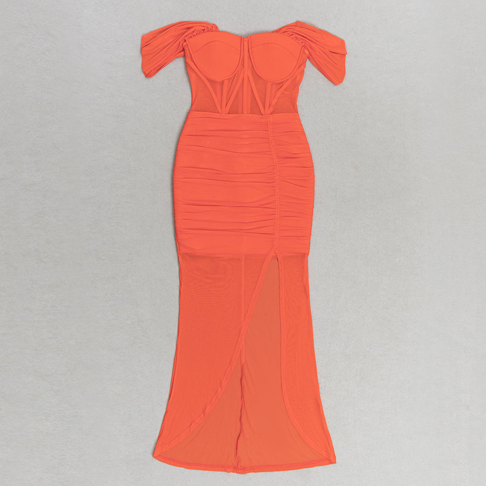 Off Shoulder Bustier Draped Mesh Maxi Dress HV9837