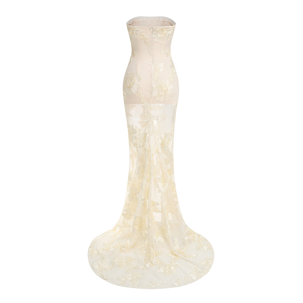 Strapless Floral Tail Maxi Dress Ivory HV1408