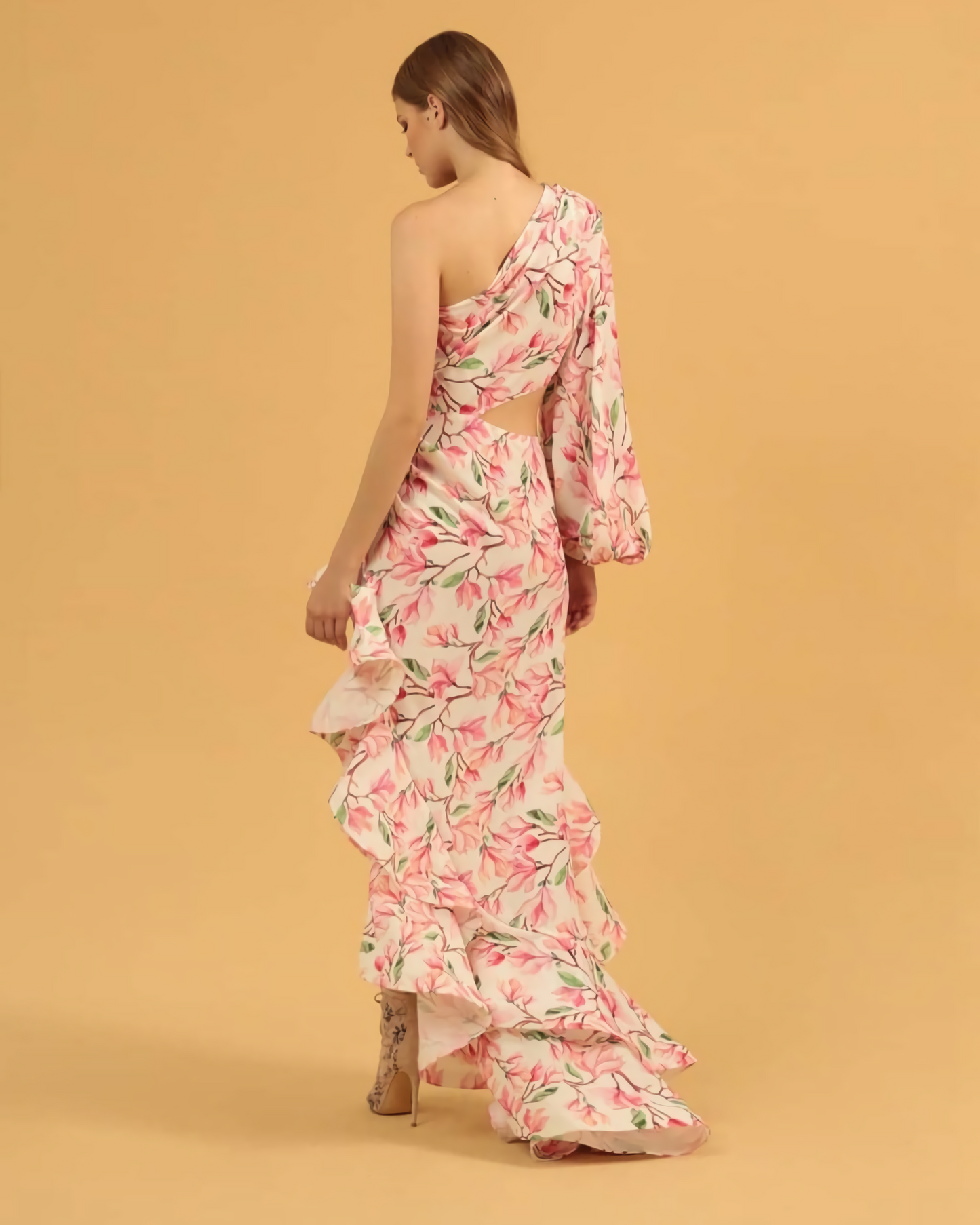 One Sleeve Floral Ruffle Maxi Dress Rose Pink HV1367