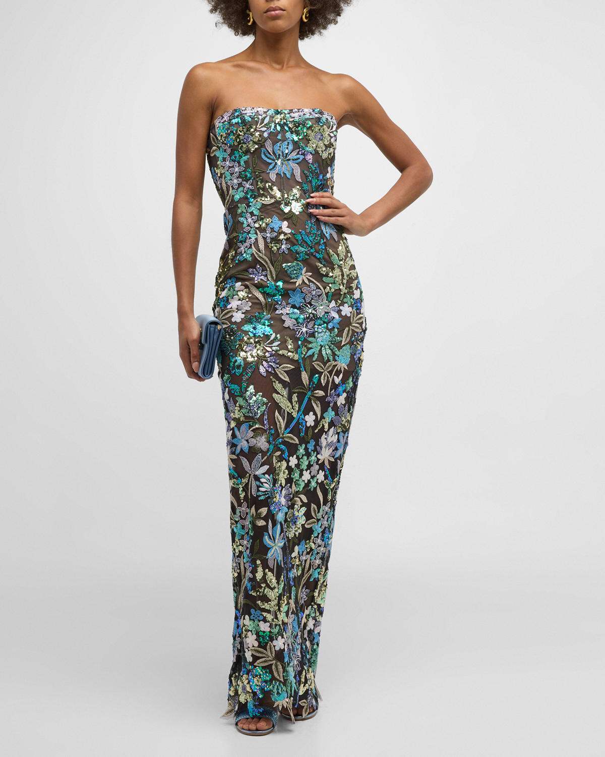 Strapless Sequin Floral Lace Maxi Dress Green HV1152