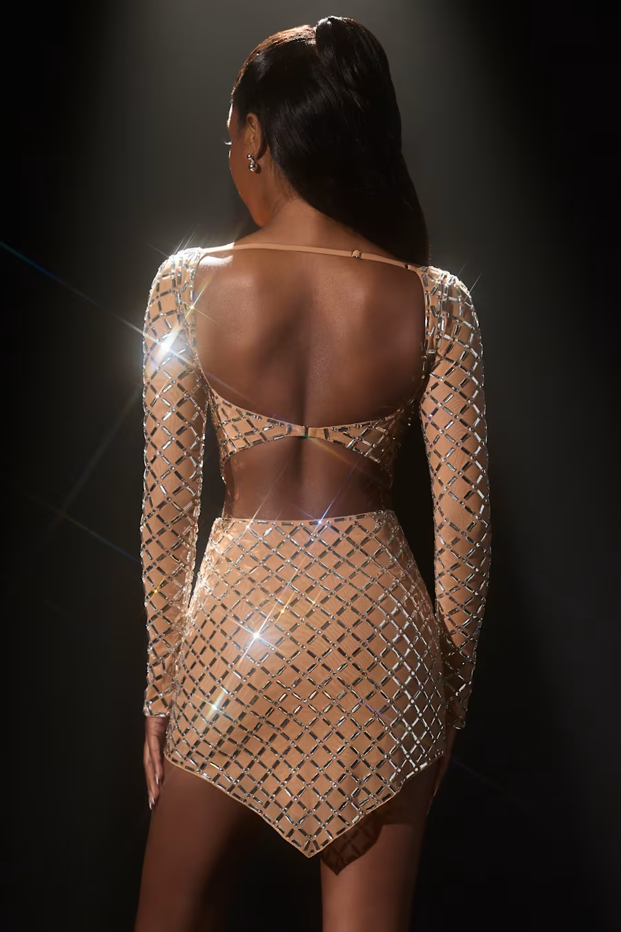 Long Sleeve Embellished Two Piece Dress Nude