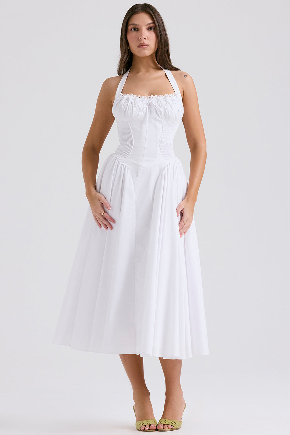 Halter Lace Bustier A Line Midi Dress White HV1290