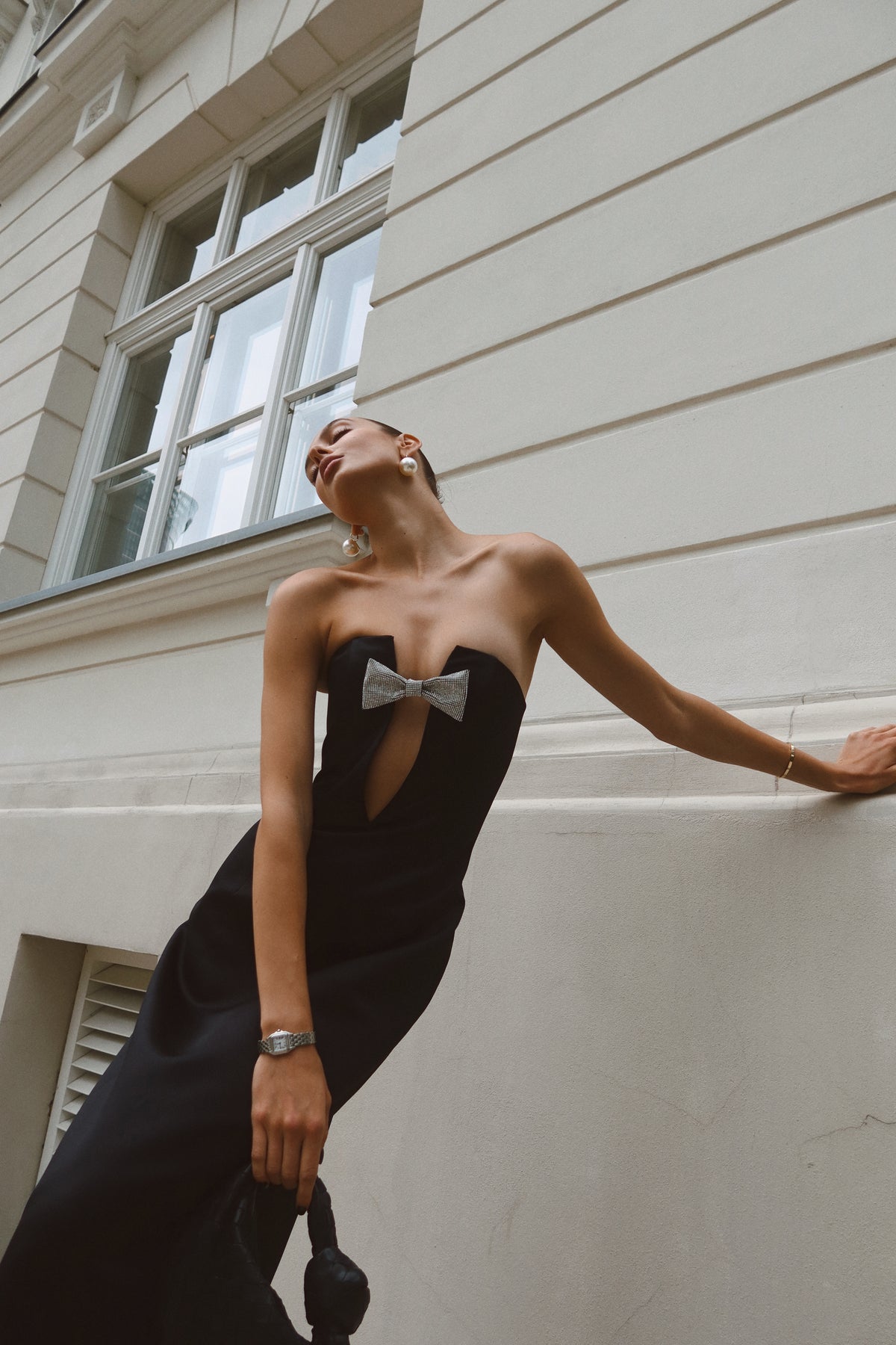 Strapless Crystal Bow Maxi Dress Black HV1775