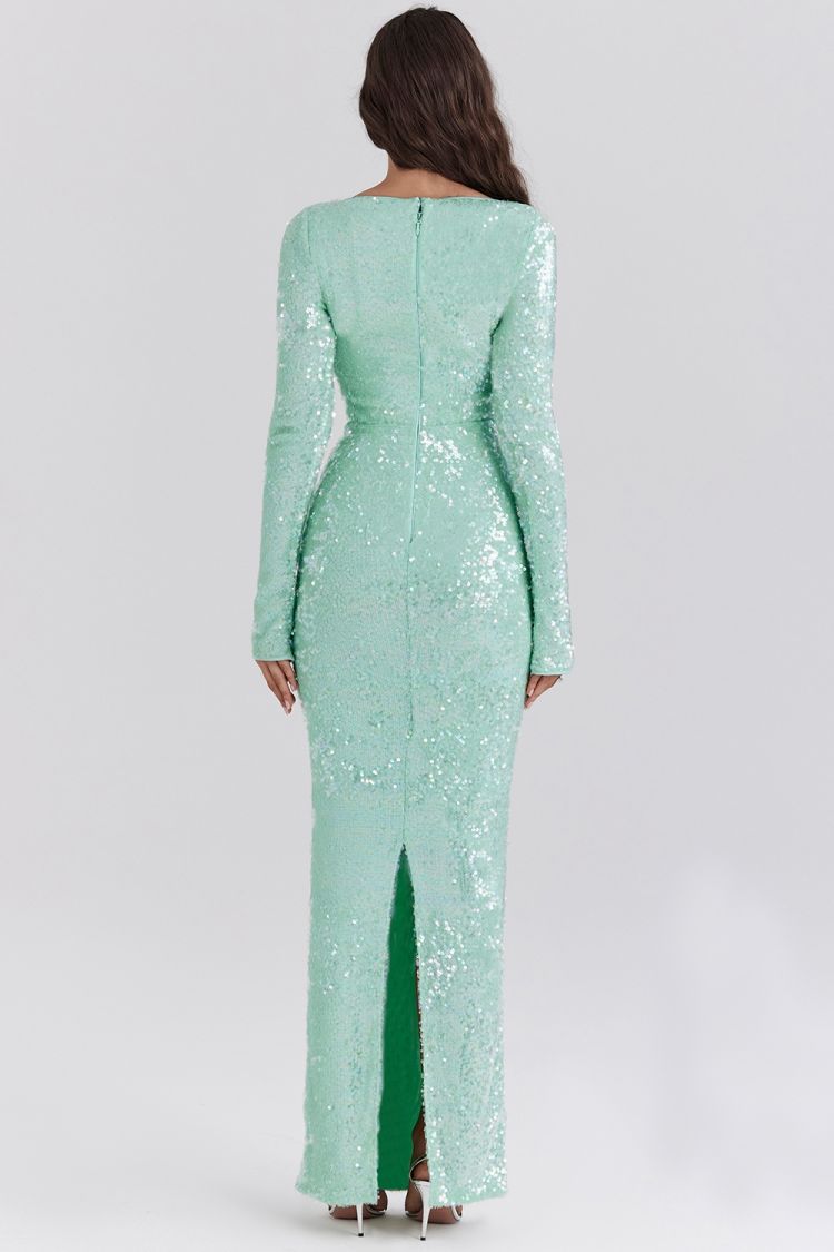 Long Sleeve Sequin Maxi Dress Green