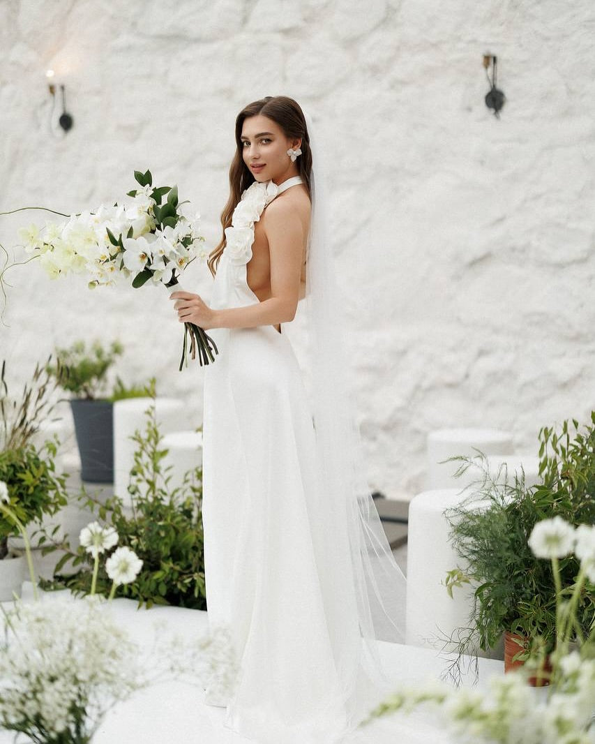 Halter Floral Detail Maxi Dress White HV1995
