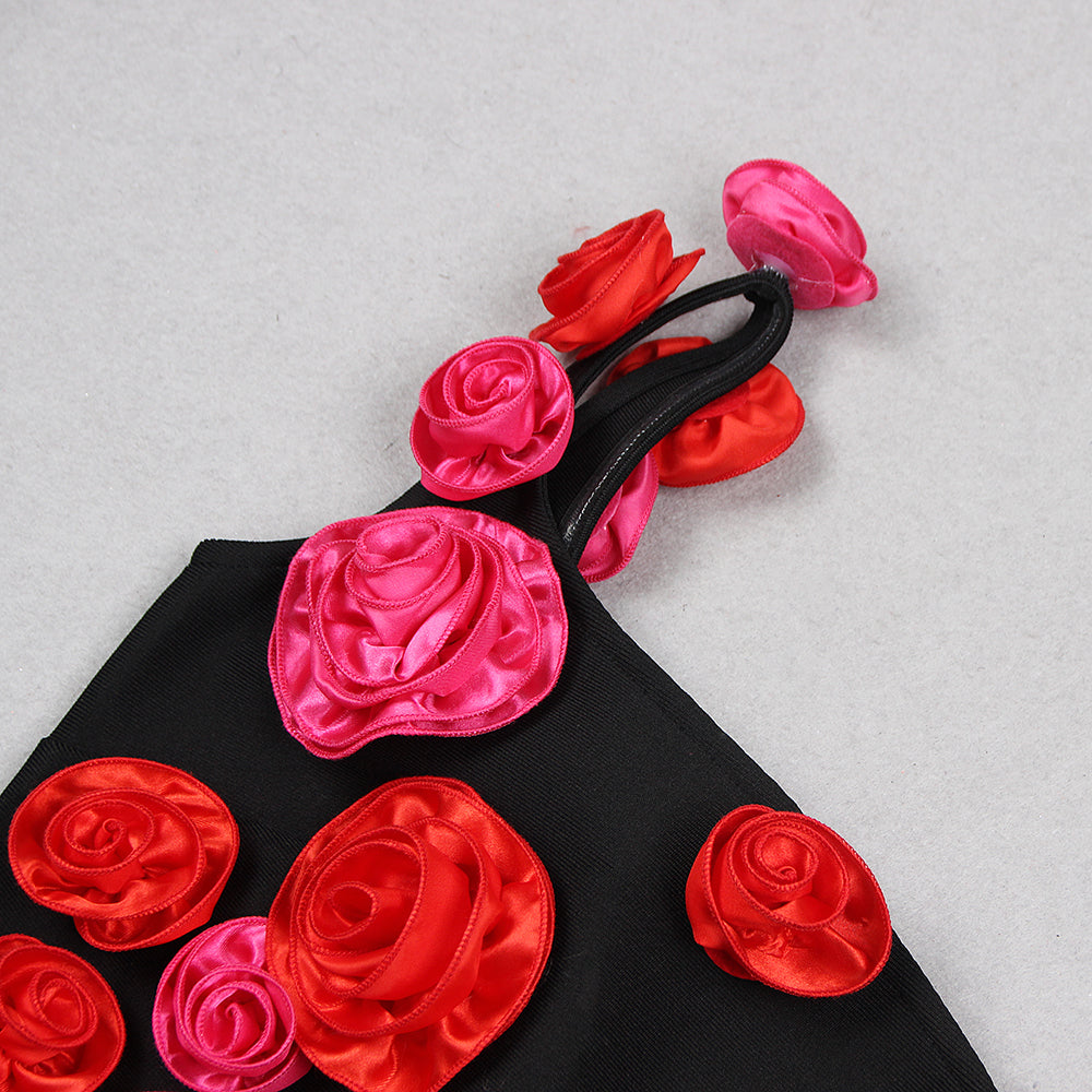 One Shoulder Rose Detail Midi Dress Black HV1094