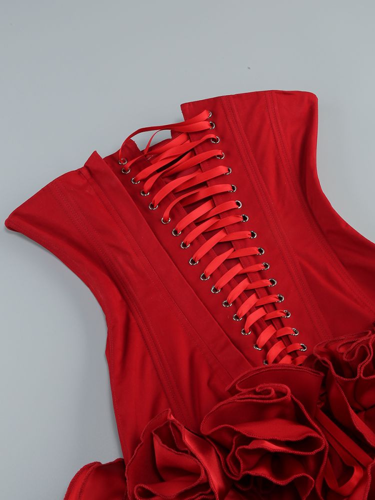 Strapless Corset Floral Ruffle Dress Red HV1645