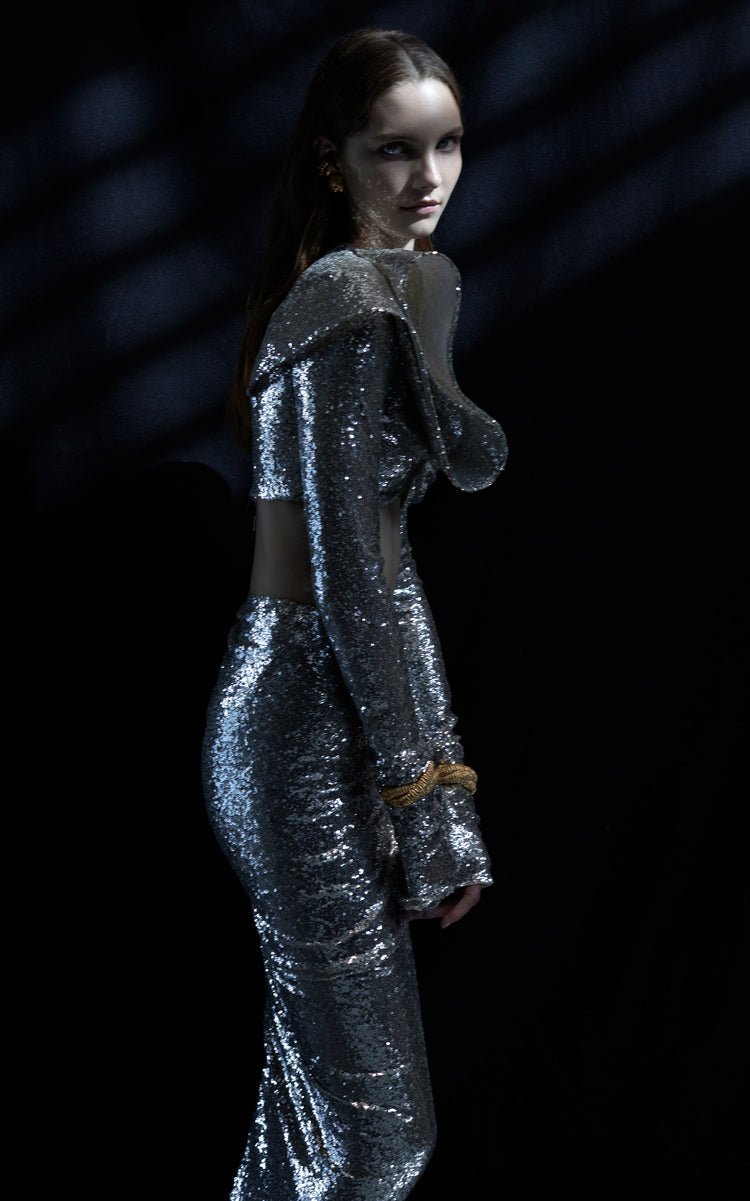 Long Sleeve Sequin Maxi Two Piece Dress Silver HV1976