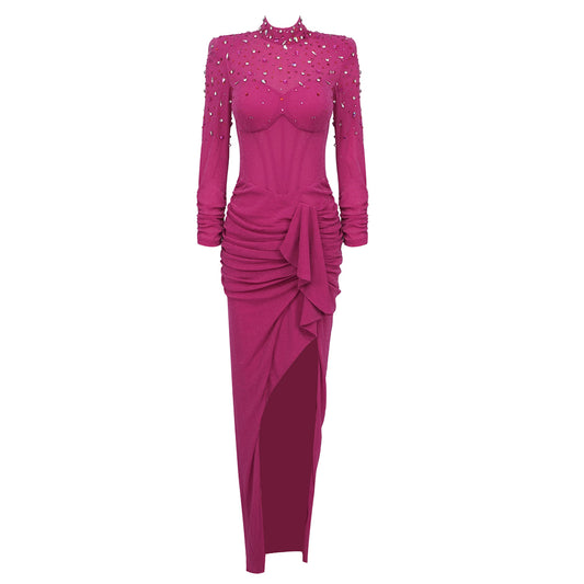 Long Sleeve Crystal Corset Draped Maxi HV1225