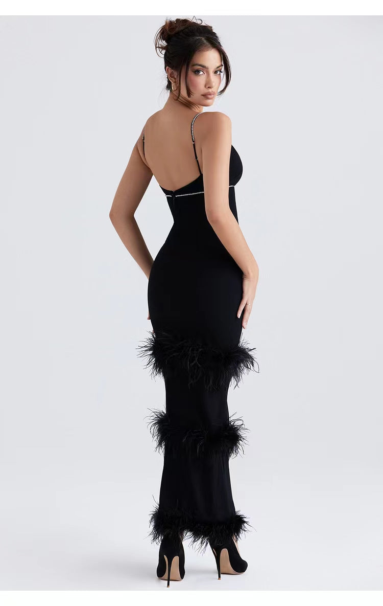 Crystal Trim Feather Detail Maxi Dress Black