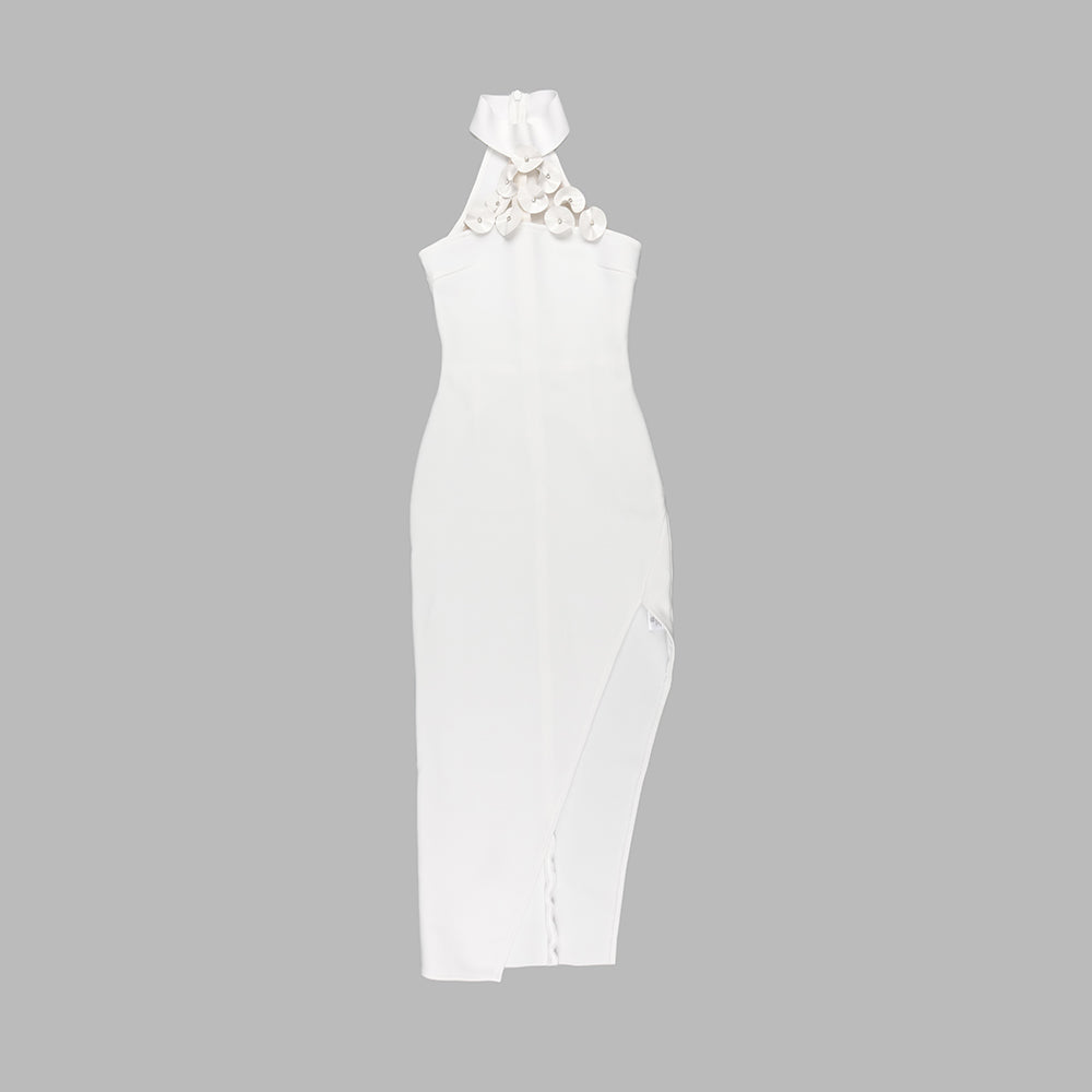 Halter Crystal Flower Detail Midi Dress White HV9743