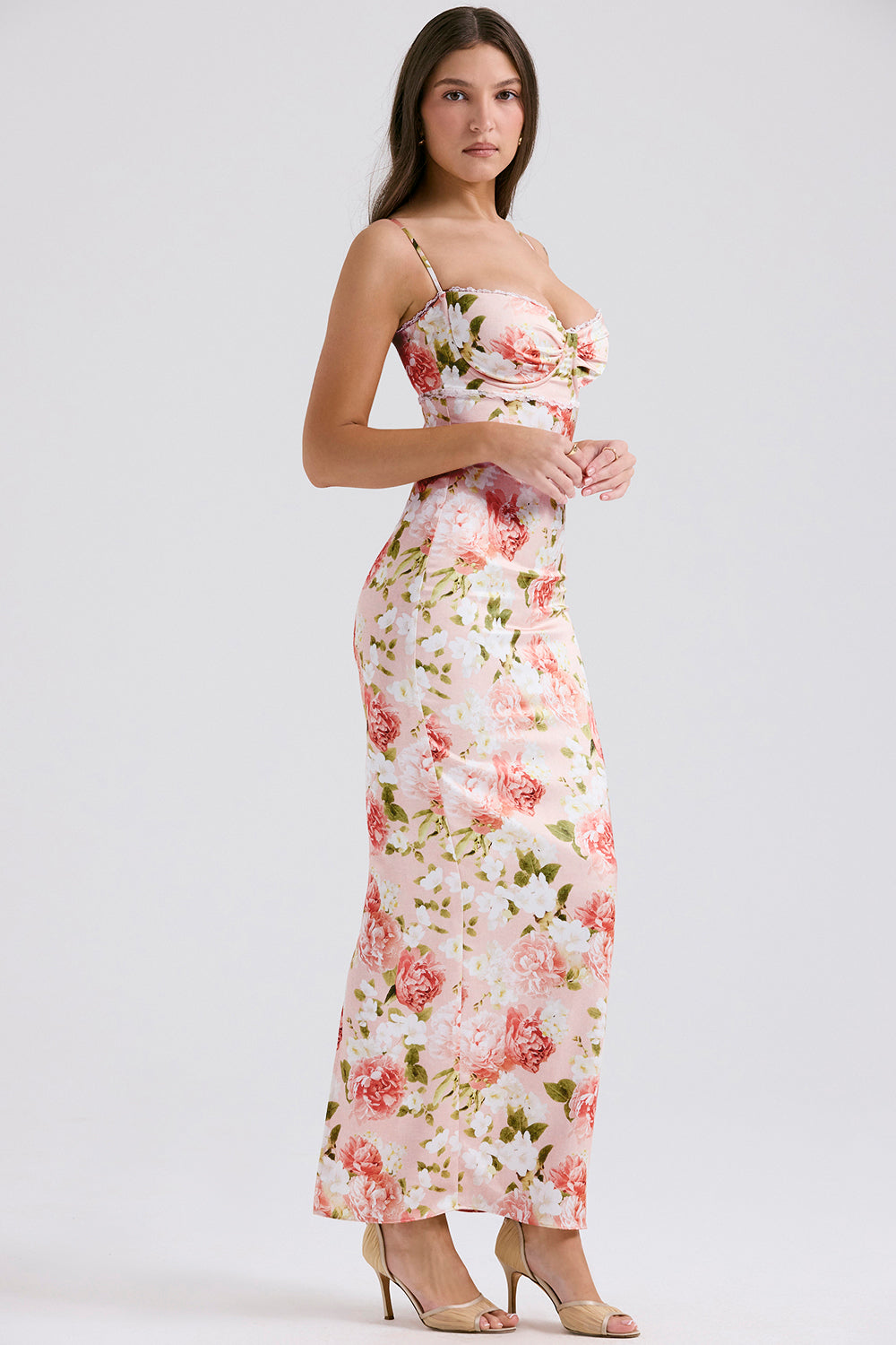 Bustier Lace Floral Maxi Dress Pink