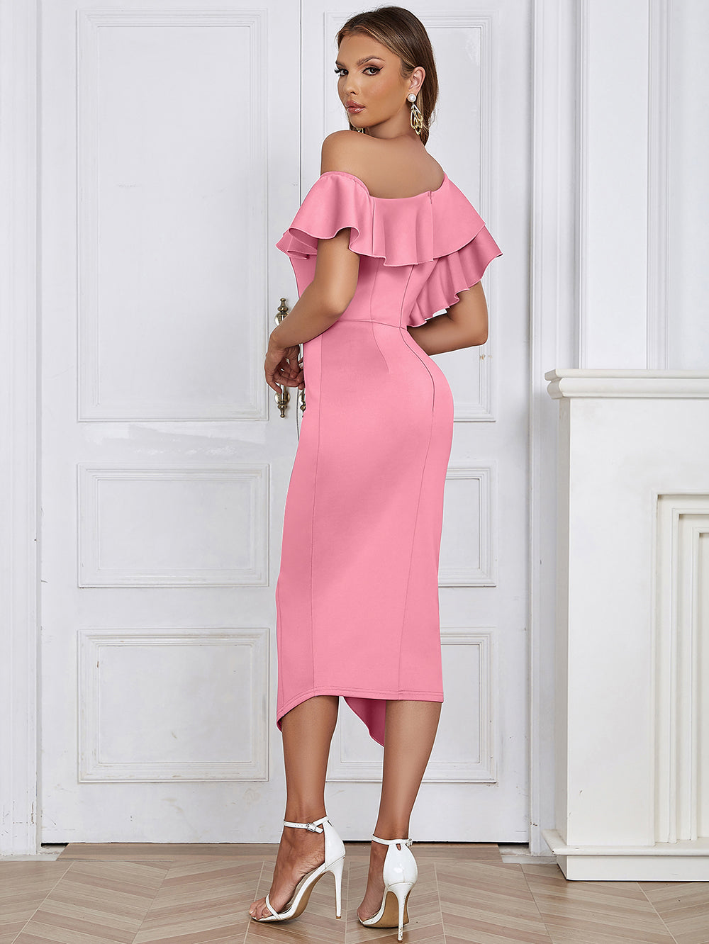 Off Shoulder Ruffle Midi Dress HV9649