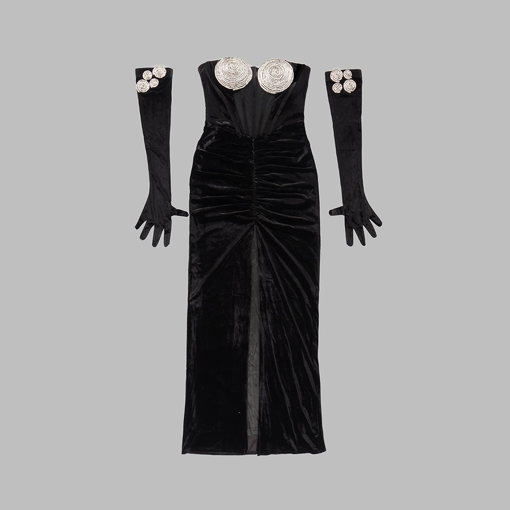 Crystal Bustier Strapless Maxi Velvet Dress Black HV9635